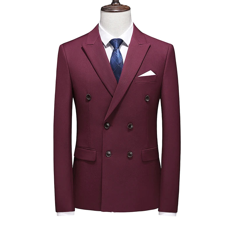 Men's Blue Long-sleeved Suit Jacket, Double-breasted Business Coat, Asian Size Slim fit Blazer,Available in Green,Red,Black,Gray