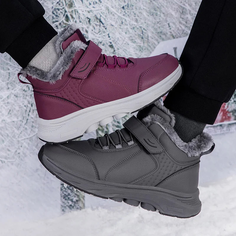 Winter Plush Lined Elderly Shoes PU Leather Non-Slip Rubber Adjustable Strap Warm Snow Boots Comfort Walking Shoes for Elderly