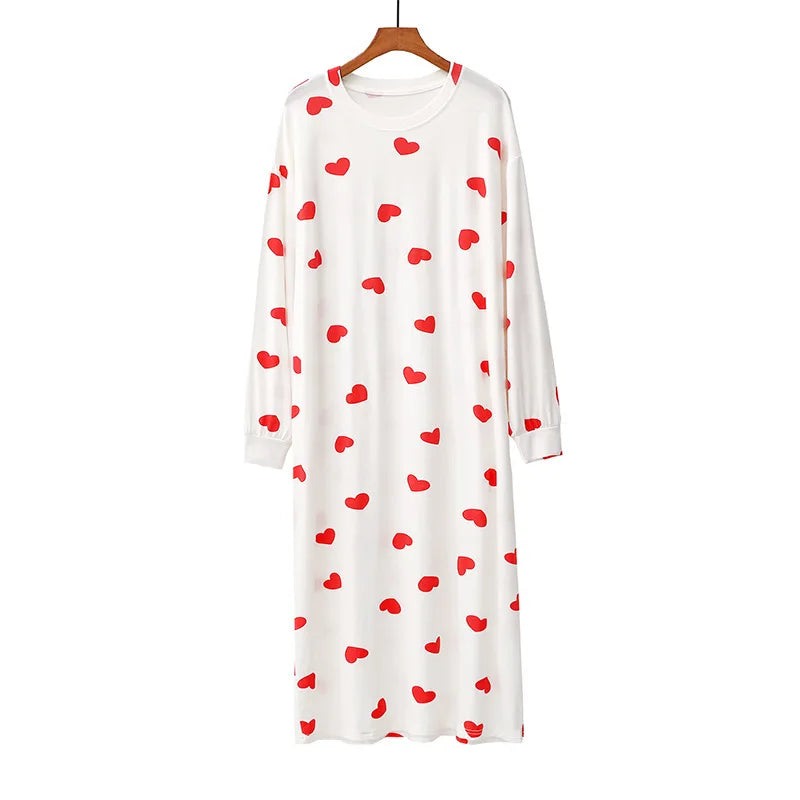 Modal Long-sleeved Women Nightgown Sweet Heart Ladies Room Wear Home Clothes Loose Comfortable Night Dress Lounge Nightshirt