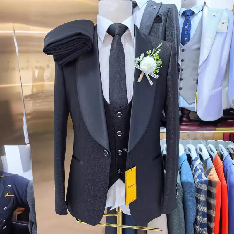 Men’s White Sequin & Crystal Embroidered Shawl Collar Blazer + Vest + Black Slim Fit Trousers - Dazzling Formal Suit Set