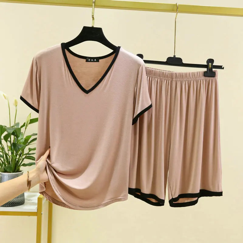 Summer Ensemble Femme 2 Pièces New Modal Short Sleeve Sleepwear Set V Neck T-Shirt Shorts Suit Casual Pajamas Women Nightwear