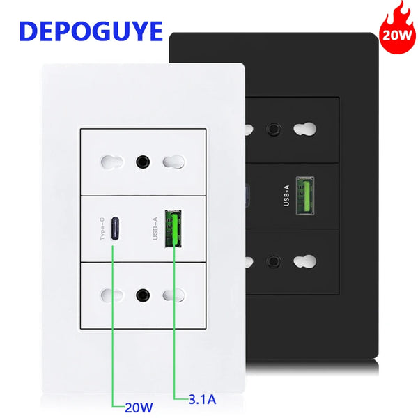 រន្ធដោតជញ្ជាំង USB ប្រភេទ C ពណ៌ស/ខ្មៅ បង្កប់នៅប្រទេសអ៊ីតាលី ឈីលី បន្ទះថាមពល 16A អាដាប់ទ័ររន្ធសាកថ្មលឿនប្រភេទ C ឆ្លាតវៃ 20W