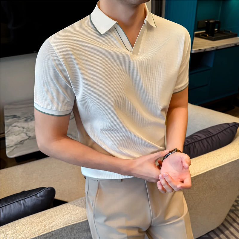 Men Summer Short Sleeve Polo Shirt Solid Color Casual Open Hem Collar Top Breathable Cool Feeling Tee