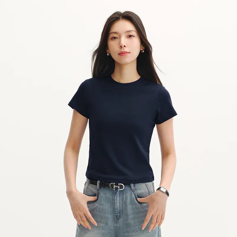Semir Womens Tshirt 2026 Short Style Slim Regular Shoulder Crew Neck Versatile Cool Feeling Casual