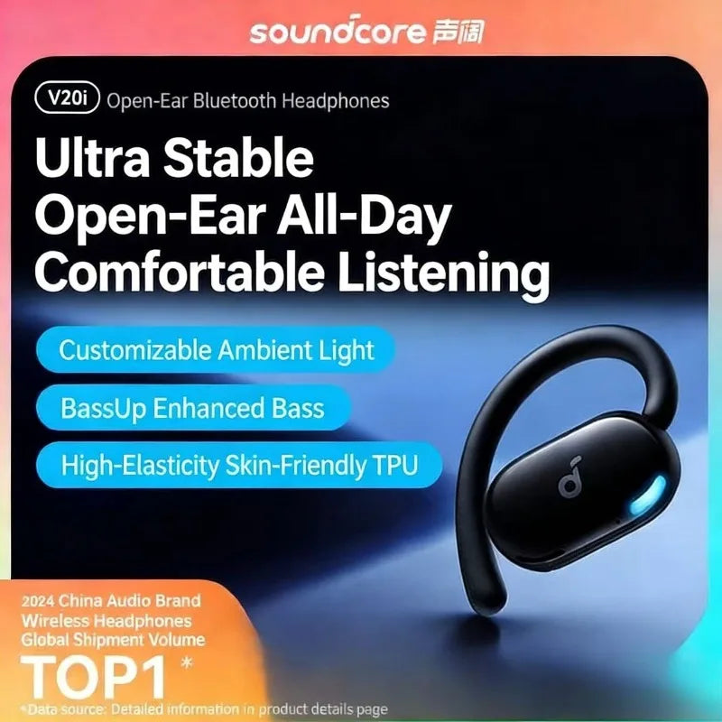 កាសស្តាប់ត្រចៀកប៊្លូធូស SOUNDCORE V20i បើកកម្មវិធីកាត់បន្ថយសំឡេងរំខានកីឡា កាសស្តាប់ត្រចៀកព្យួរសម្រាប់ភ្ជាប់ជាមួយឆ្អឹង