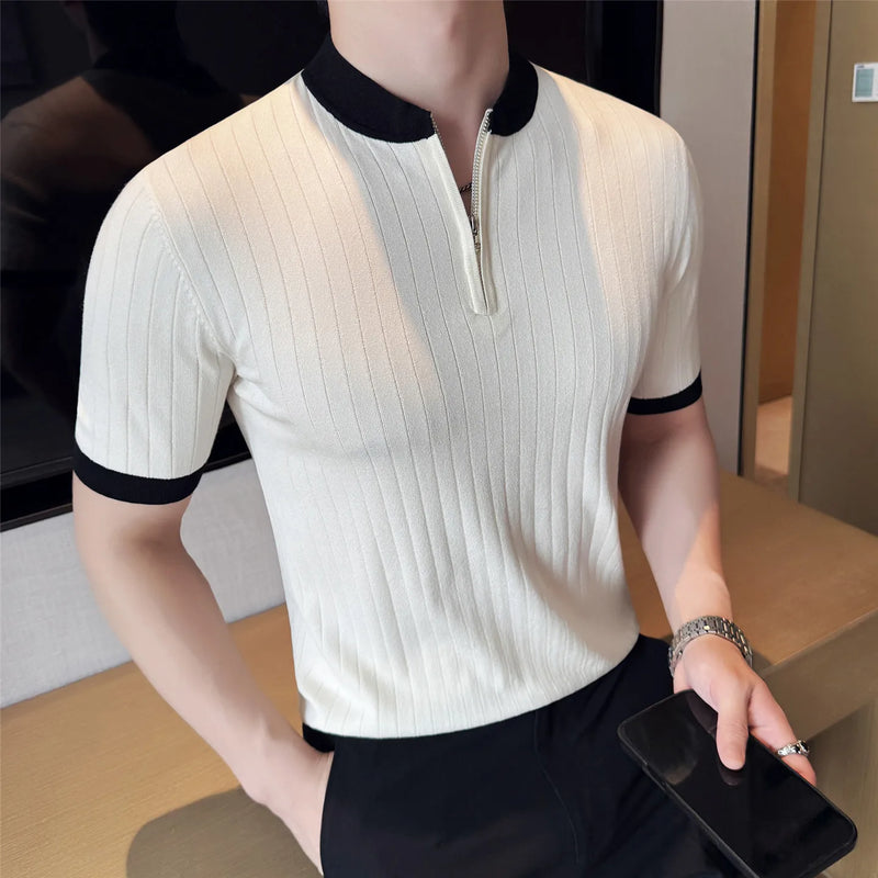 Men's Stretch Ice Silk Knit Polo Shirt with Half Zip and Contrast Color Stand Collar Half-zip Color-block Stand Collar T Shirt