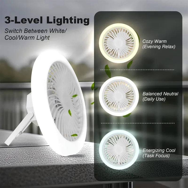Camping Fan 3-speed With 3-Color Lighting Desktop Standing Hooked Fan Light USB Rechargeable for Outdoor And Indoor