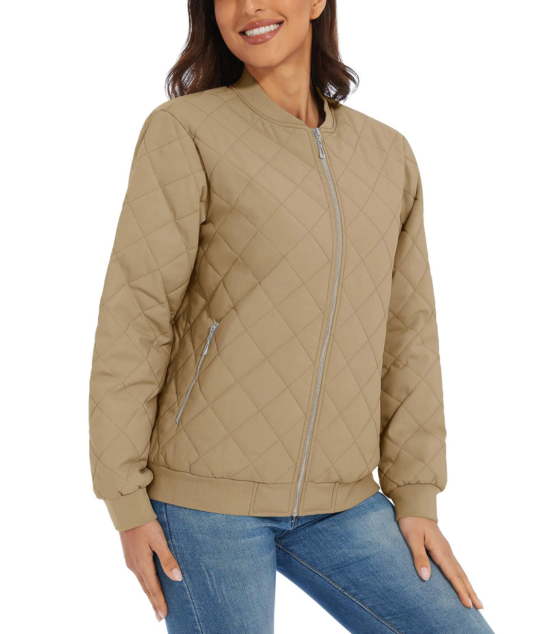 TACVASEN Women Casual Warm Diamond Quilted Jackets Jackets Full Zip Padded Classic Biker Jacket Winter Coats Streetwear Outwear