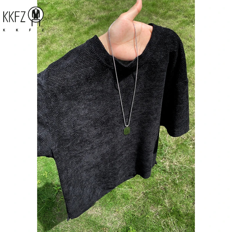 Mens Honeycomb Textured Short Sleeve Tee Crew Neck Curved Bottom Hem Loose Fit For Outdoor Leisure And Travel Outfit