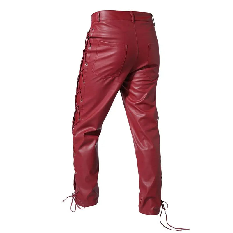 2026 New Men's Black PU Pants, Biker Faux Leather Trousers Red Fashion Casual Pant Lace-up Trim on Left and Right Sides S-5XL