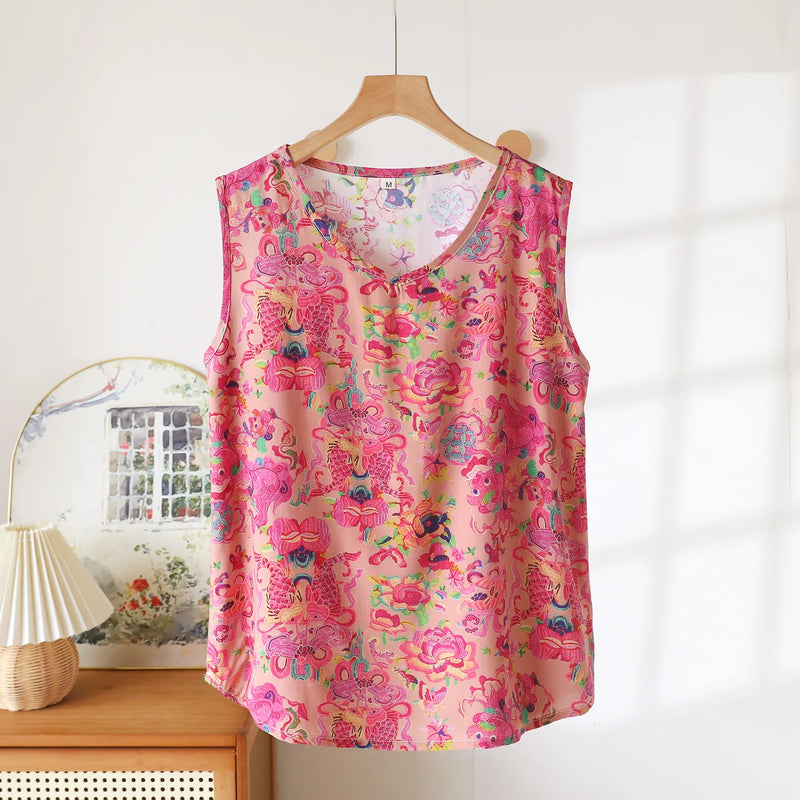 Summer Thin One Piece Pajamas for Women Tank Top Sleepwear Sleeping Wear New Floral Sleeveless V-neck Sleep Top Home Wear