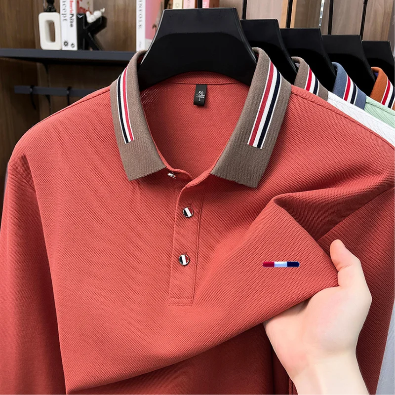 100% Cotton Man Long-Sleeved Polo Shirt Lapel Button Color Blocking Exquisite Pattern Embroidery Autumn New Leisure Polo Shirt