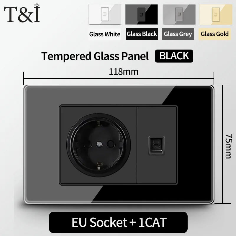 T&I Wall Switch Sockets With USB TypeC  Fast Charging, Italy Socket , Chile Schuko Outlet, Tempered Glass Panel for Home
