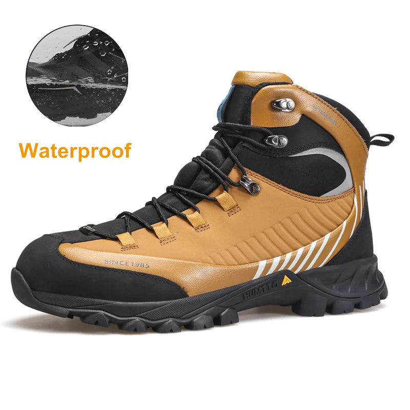 HUMTTO Leather Hiking Boots for Men Luxury Designer Waterproof Outdoor Shoes Climbing Trekking Sneakers Mens Safety Ankle Boots