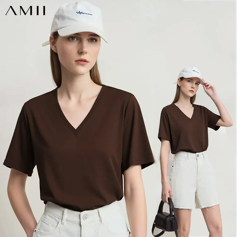 អាវយឺត Amii សម្រាប់នារី រដូវក្ដៅ ឆ្នាំ២០២៦ អាវយឺតដៃខ្លី ក V បែបសាមញ្ញ ប៉ាក់លាត ពណ៌សុទ្ធ អាវសម្រាប់នារី 12622079