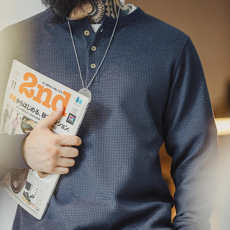 Maden Vintage Navy Blue Waffle Henley Shirt for Men Long Sleeve Slim-fit T-shirts Spring Bottom Knit Sweater Crew Neck T Shirt