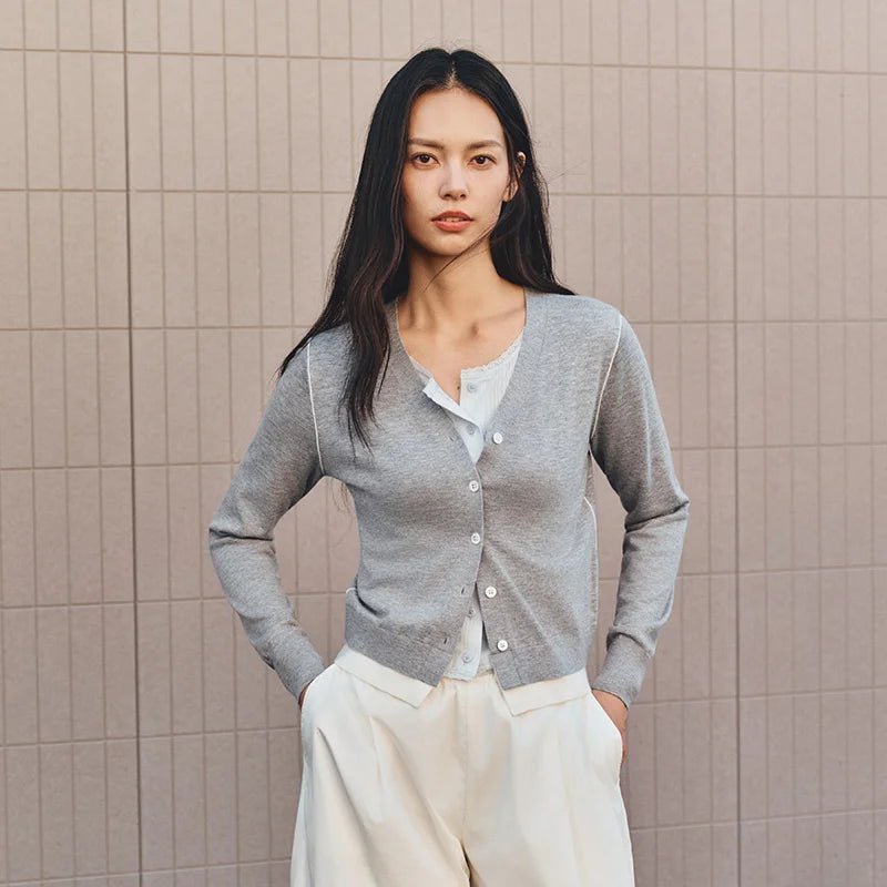 Semir Women Cardigan Cropped V Neck Colorblock Mock Layer Shoulder Fit 2026 Autumn Minimal Knitted Everyday Sweater Top