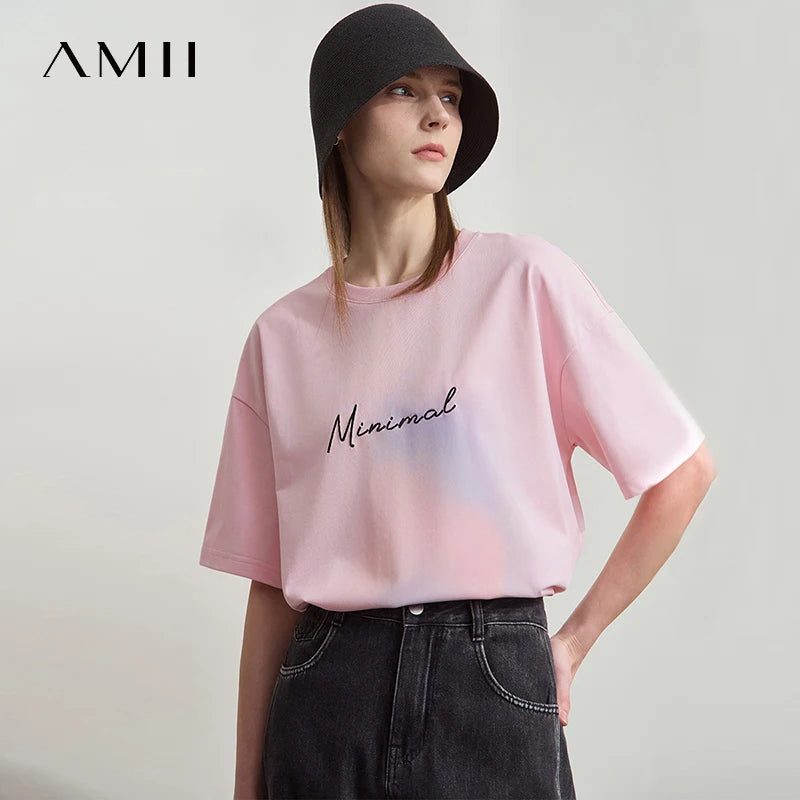Amii Women's 2026 Summer T-shirt Loose Mid Length Letter Embroidery Dopamine Colorful Tees Gradient Female T-shirt 12512011