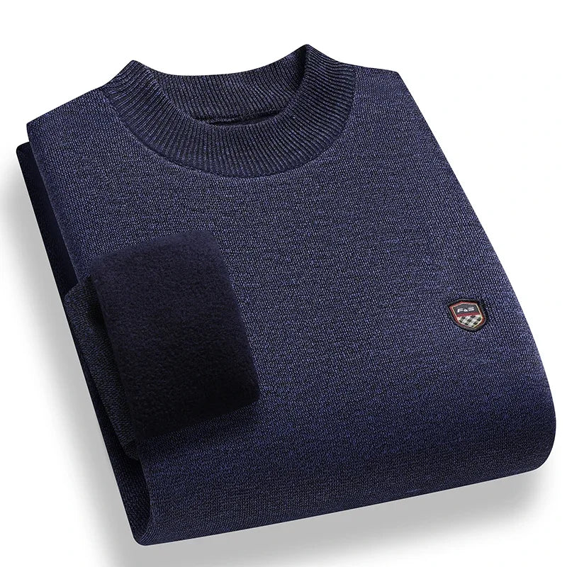 Windproof Men Plain Knitted Sweater Stretch Rib Trim Small Shield Badge Fleece Lined Office Casual Long Sleeve Top