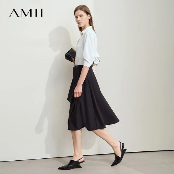 AMII សំពត់ថ្មី Minimalist សម្រាប់នារី រដូវក្តៅ ឆ្នាំ២០២៥ សំពត់រាងអក្សរ A ប្រវែងមធ្យម រលុង មិនស្មើគ្នា ម៉ូដសម្រាប់នារីការិយាល័យ 12542045