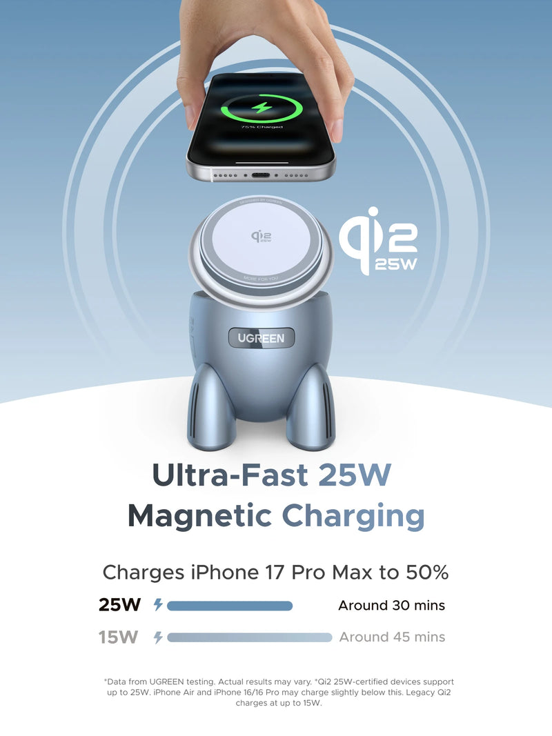 UGREEN Upgrade Magflow Qi2.2 25W Wireless Charger 2 in 1 Innovative Rocket -Style For iPhone 17 16 Pro Max Fast Charging