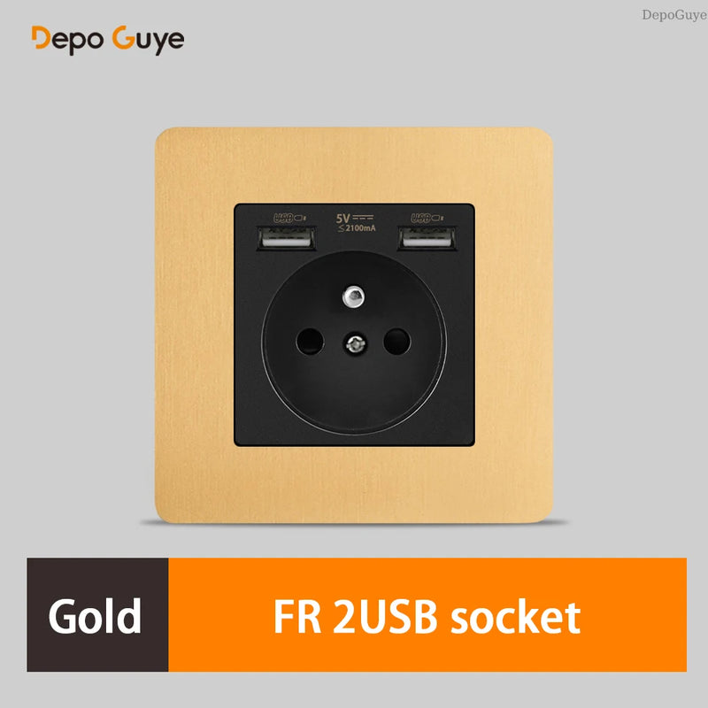 Retro EU French Standard Metal Double USB Wall Power Socket,Brushed Stainless Steel Antique Outlet with Type-c Usb Charing Port