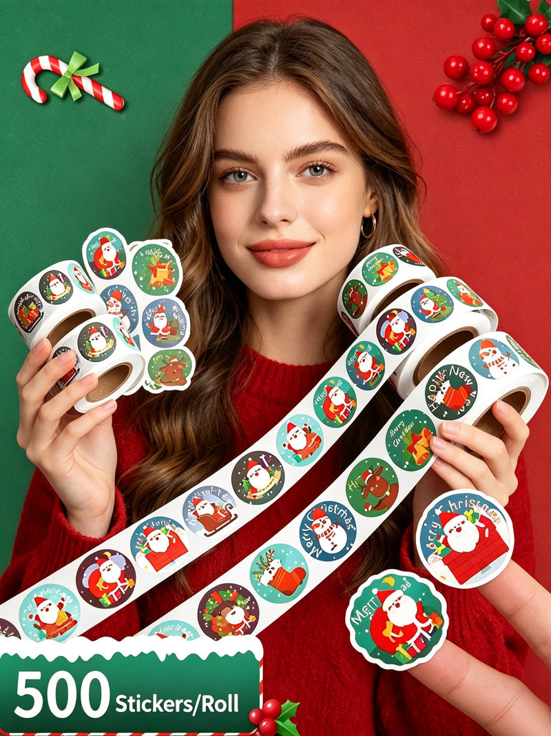 500pcs Christmas Sticker Theme Christmas Eve Gift Packaging Paper Round Sealing Stickers Roll Pack Children's Reward Stickers