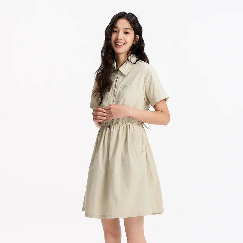Semir Women Dress Lapel Drawstring Waist UV Protection Cool Texture Cargo Mini 2026 Simple Outdoor Daily Fashion Wear