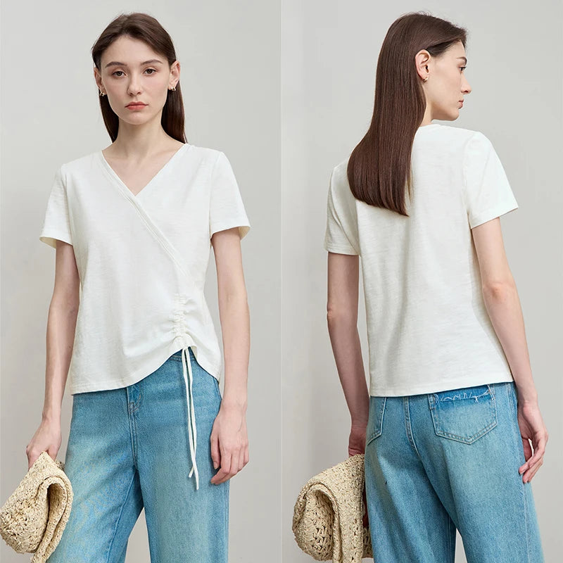 AMII Women's Minimalist Cotton T-Shirt 2026 Fashion Casual V-Neck Drawn Fold Short SleeveTee Tops Comfort Daily T-Shirt 12522163