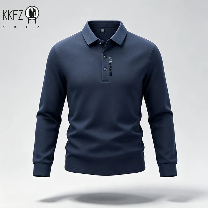 Male Trendy Lapel Collar Polo Top Long Sleeve Button Placket Letter Print For Short Trip Social Meetup And Street Fashion Wear