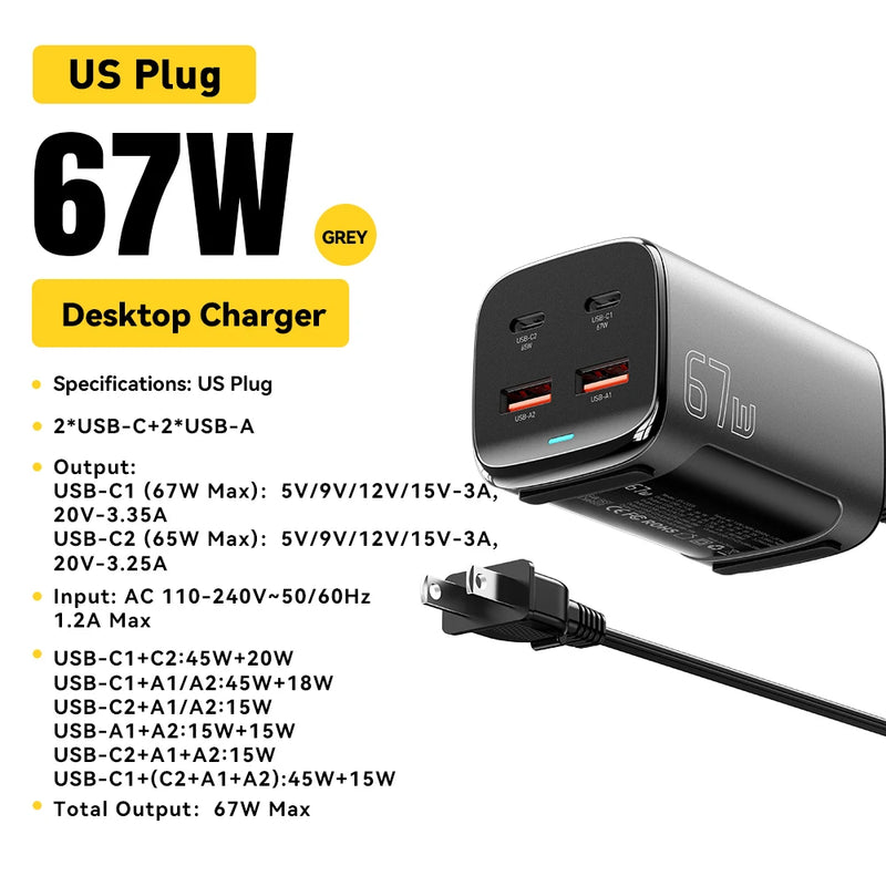 ឆ្នាំងសាក Essager 67W USB C GaN សម្រាប់កុំព្យូទ័រលើតុ Quick Charge3.0 PPS PD3.1 សាកថ្មលឿនសម្រាប់ MacBook Samsung iPhone 17 16 15 14 iPad Laptop