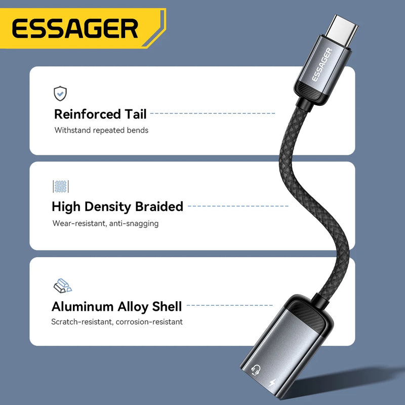 ខ្សែអាដាប់ទ័រអូឌីយ៉ូ Essager Type C សម្រាប់កាស Type-C ស្រីទៅ IP ប្រុស OTG អាដាប់ទ័រសម្រាប់ iPhone 17 16 15 14 Samsung Xiaomi iPad