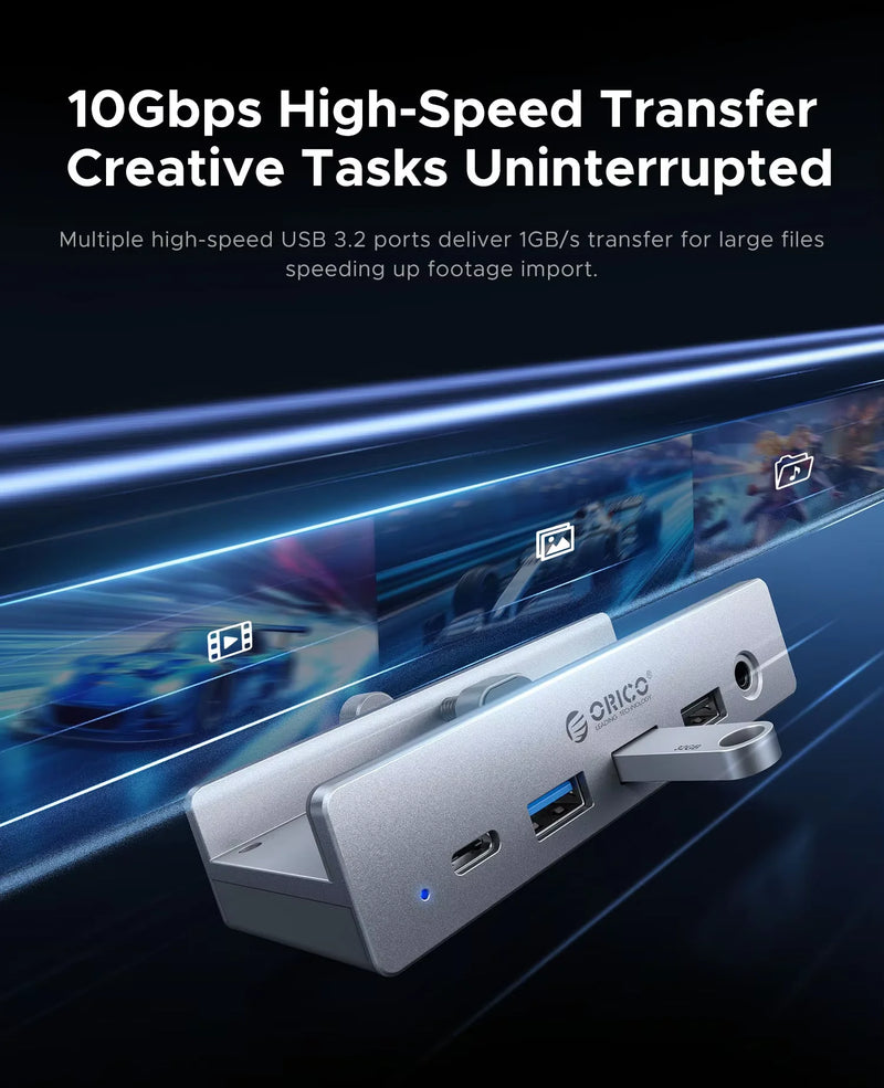 ORICO Aluminum 8 in 1 USB Clip Hub With Power Supply Suitable for High Speed 10GBPS Data Transmission on MAC OS PC