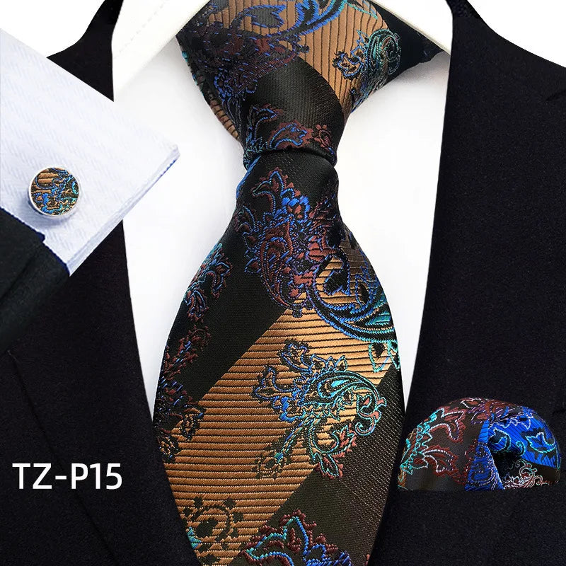 2026 New Men's Jacquard Fabric Tie Set Perfect for Business/Banquets/Formal Wear/Weddings. (Tie + Pocket Square + Cufflinks)
