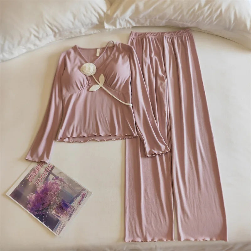 Pyjamas Women Winter Long Sleeve Chest Pad Top Two Piece Set Spring Autumn Cotton Sleepwear Woman Home Clothes Lounge Suit