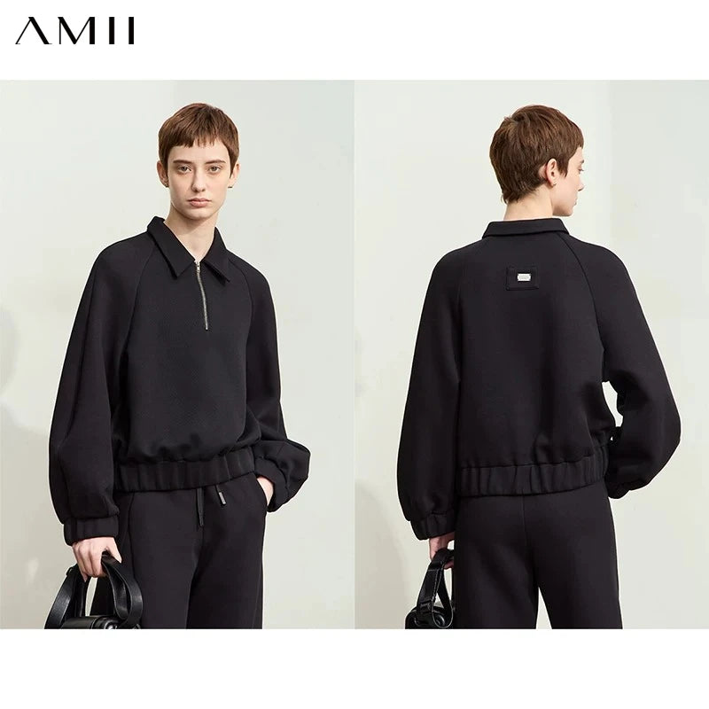Amii Minimalism Hoodies Woman 2026 Autumn New Lapel Zipper Casual Loose Pullovers Sweatshirts for Woman Cotton Solid Top12443154