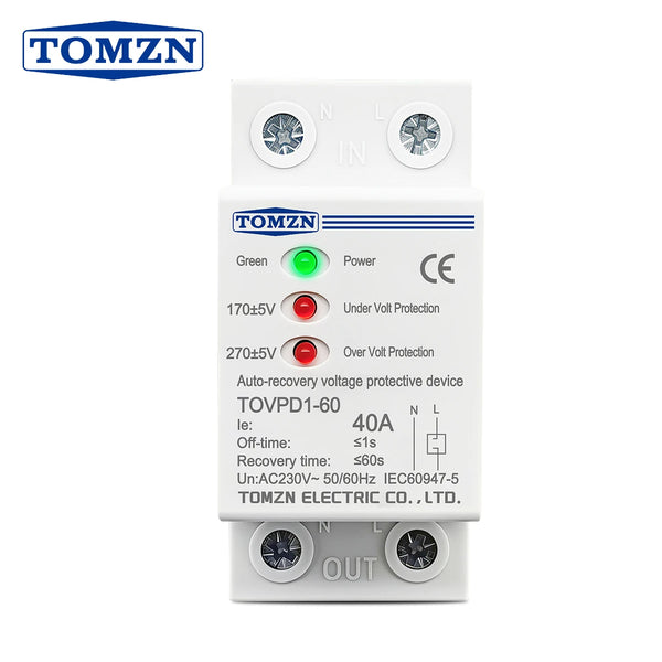 TOMZN 40A 230V Din Rail 3 LED Automatic Reconnect Over Voltage And Under Voltage Protective Device Protector Protection Relay