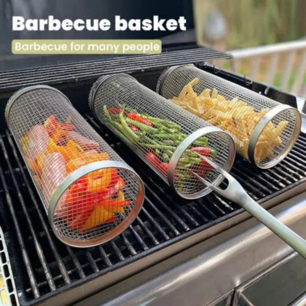 1pc Stainless Steel Grill.Roaster Rolling Cylinder Basket Portable Mesh Rotating BBQ Cage Oven Home Barbecue Picnic Accessories
