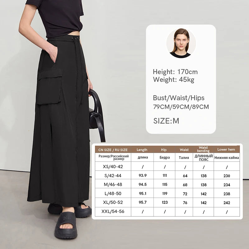 AMII Vacation Long Skirt 2026 Summer Women Loose Sun Protection Office Lady Solid Pockets Elastic Waist Cord Slit Skirt 12542106