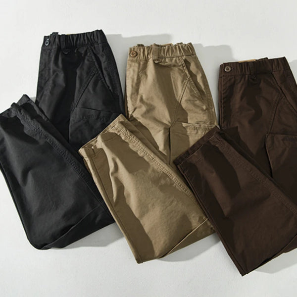 Spring Autumn 100% Cotton Casual Cargo Pants for Men Solid Color Big Pocket Elastic Waist Trousers Streetwear ATZ655