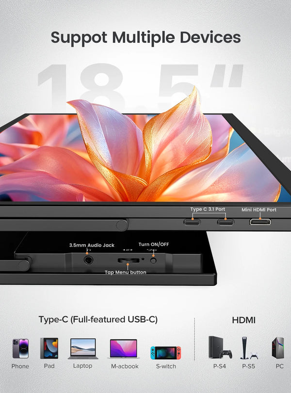 ម៉ូនីទ័រ 18.5 អ៊ីញ PERFECT 120HZ FHD HDR IPS កុំព្យូទ័រយួរដៃលេងហ្គេម អេក្រង់ HDMI USB C អេក្រង់ខាងក្រៅ ជាមួយឧបករណ៍បំពងសម្លេងពីរ VESA