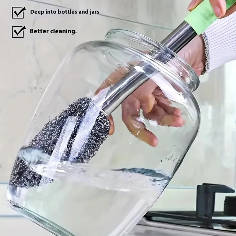 1pc Random Color Stainless Steel Brush, Ergonomic Extended Handle, Durable Easy Clean for Bathroom & Indoor Floors.