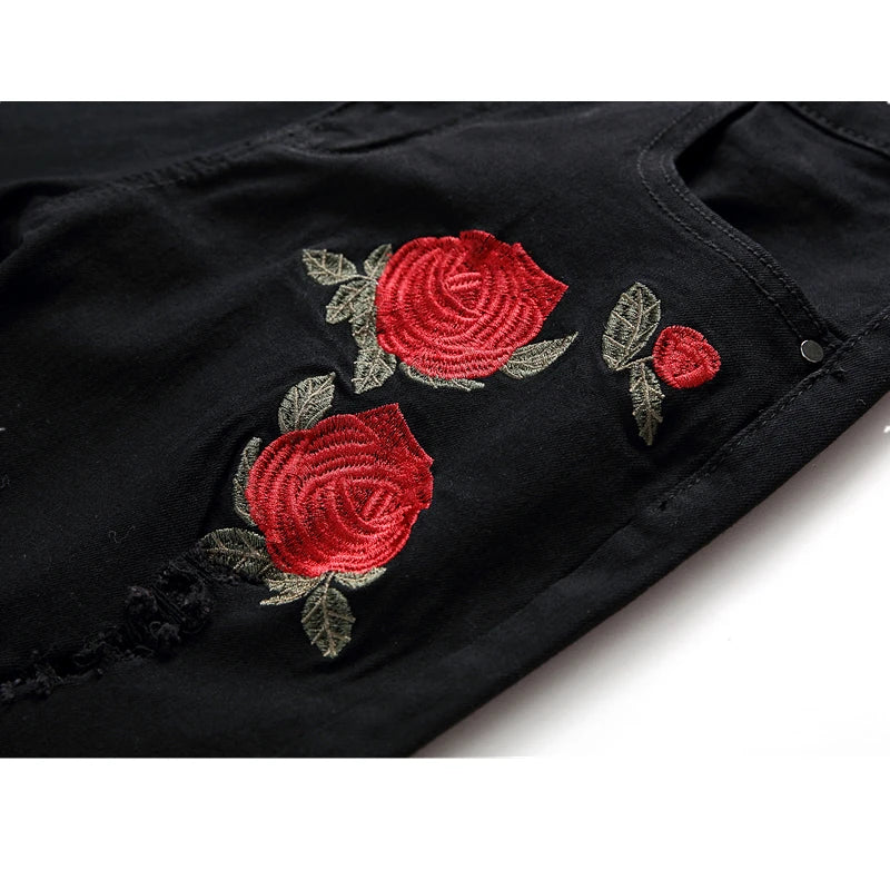 Men's Red Rose Embroidered Jeans, Black Blue Stretch Pants for Men White Fashion Pantalon Hole Decoration Male Slacks 28-42