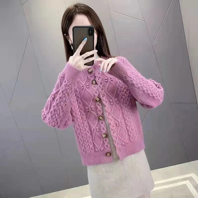New Solid Color Twist Knitted Cardigan Women's Spring Autumn Short Ladies Sweater Coat Korean Elegant Long Sleeve Tops