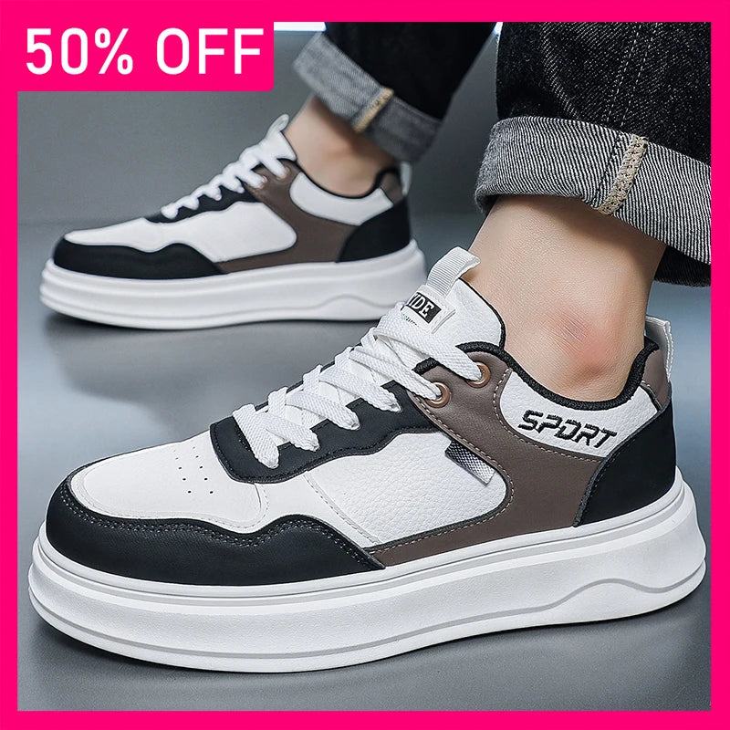 Men Board Shoes Fashionable Versatile Comfortable Leather Breathable Outdoor Casual Shoes New Walking Flat Bottom Board Shoes