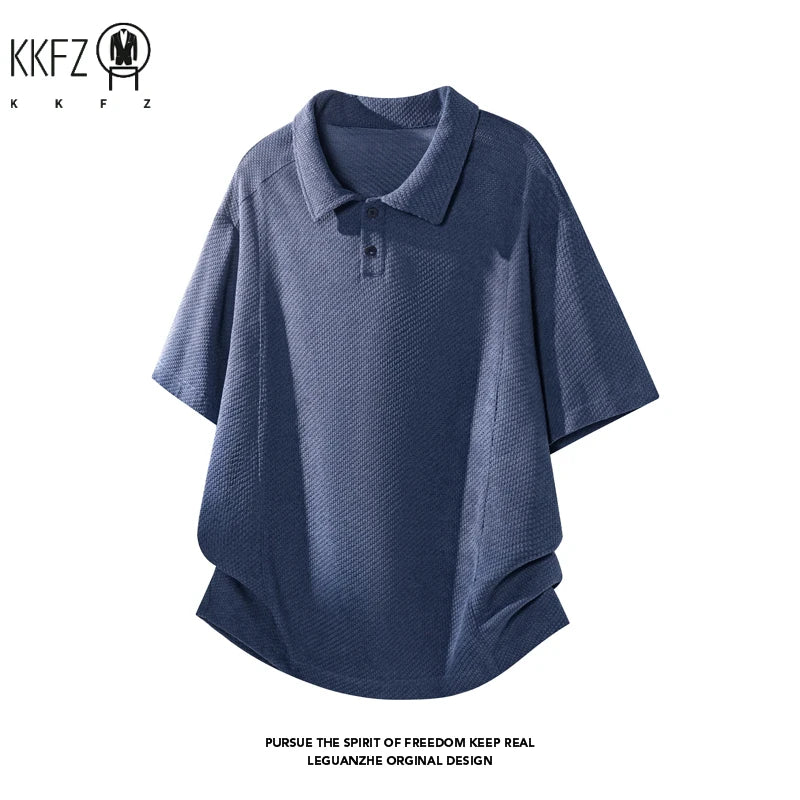 Mens Honeycomb Textured Polo Top Short Sleeve Lapel Neck Button Detail Loose Fit For Outdoor Leisure And Travel Outfit