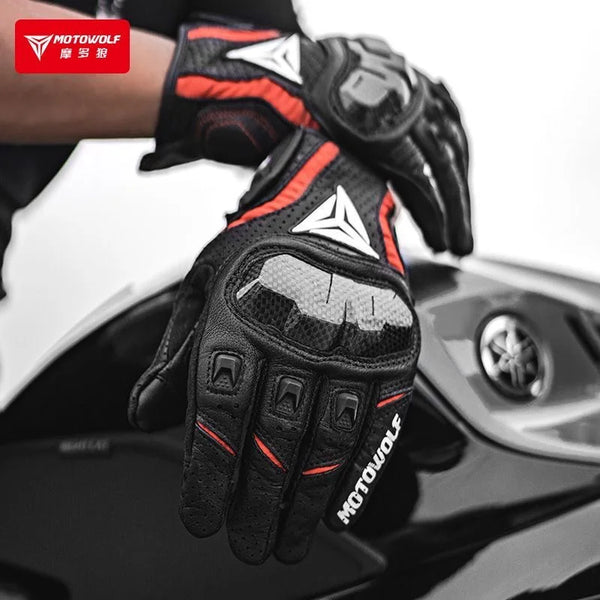 ស្រោមដៃម៉ូតូ Motowolf ស្បែកដែលអាចដកដង្ហើមបាន អេក្រង់ប៉ះ រដូវកាលពេញម្រាមដៃ ជាមួយនឹងសរសៃកាបូនរឹង ការពារការធ្លាក់