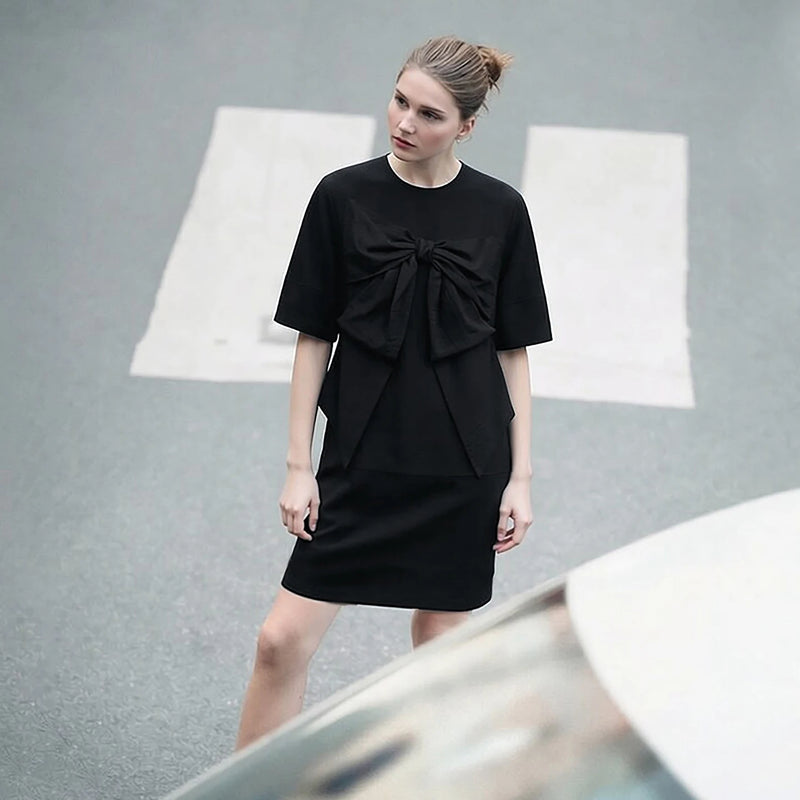 Amii Mini Dress Elegant Bow Detail O-Neck Short Sleeve 2026 Summer New Womens Dresses Casual Patchwork Woman Clothing 12652048