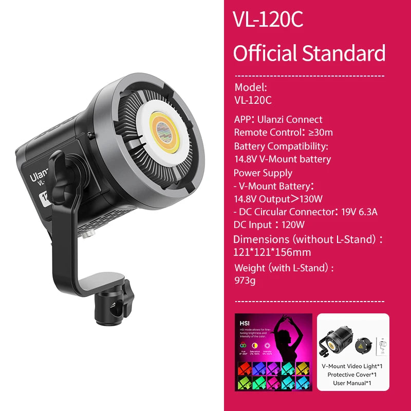 ភ្លើងវីដេអូ Ulanzi VL-120C 120W V-Mount RGB ពណ៌ពេញ COB បញ្ជាដោយឥតខ្សែ APP 2700K-6500K សម្រាប់ការថតវីដេអូក្នុងស្ទូឌីយោ