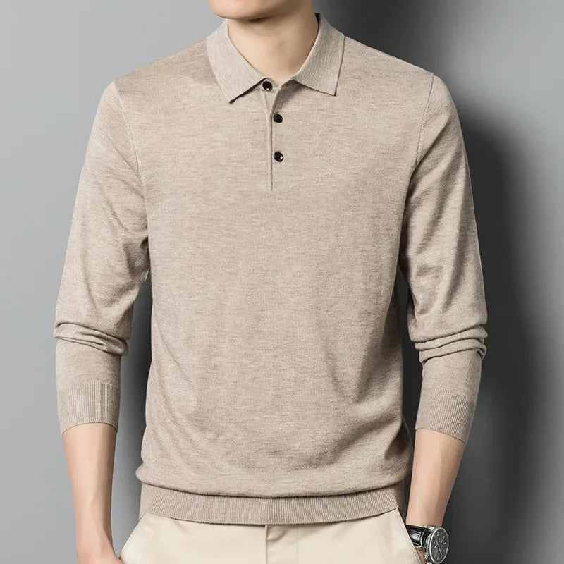 Men's Autumn Long-Sleeved Wool Blend Solid Color Polo Pullover Sweater with Lapel, Casual Bottoming Sweater -Sizes M-4XL